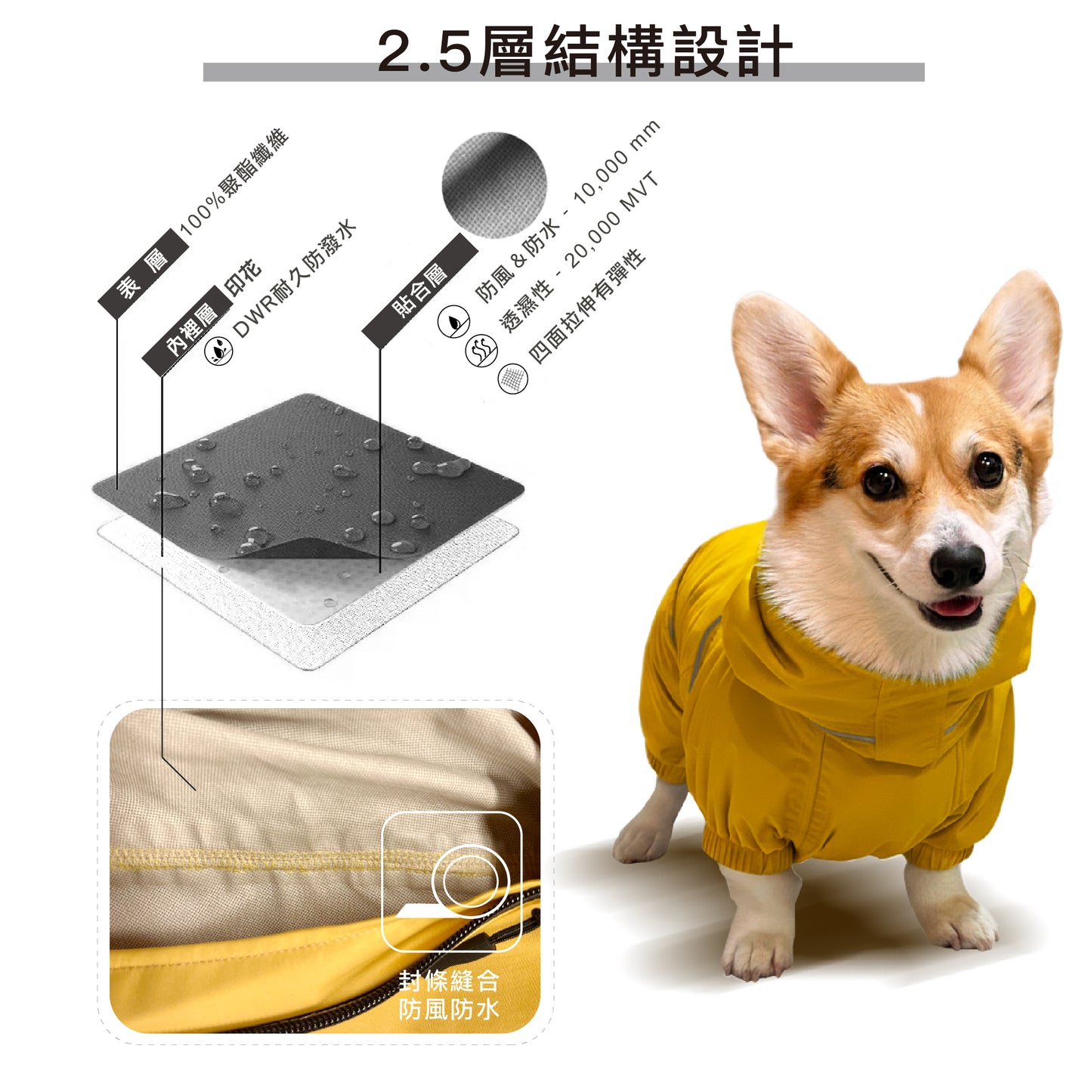 柯基連身式透氣雨衣 -晨曦黃