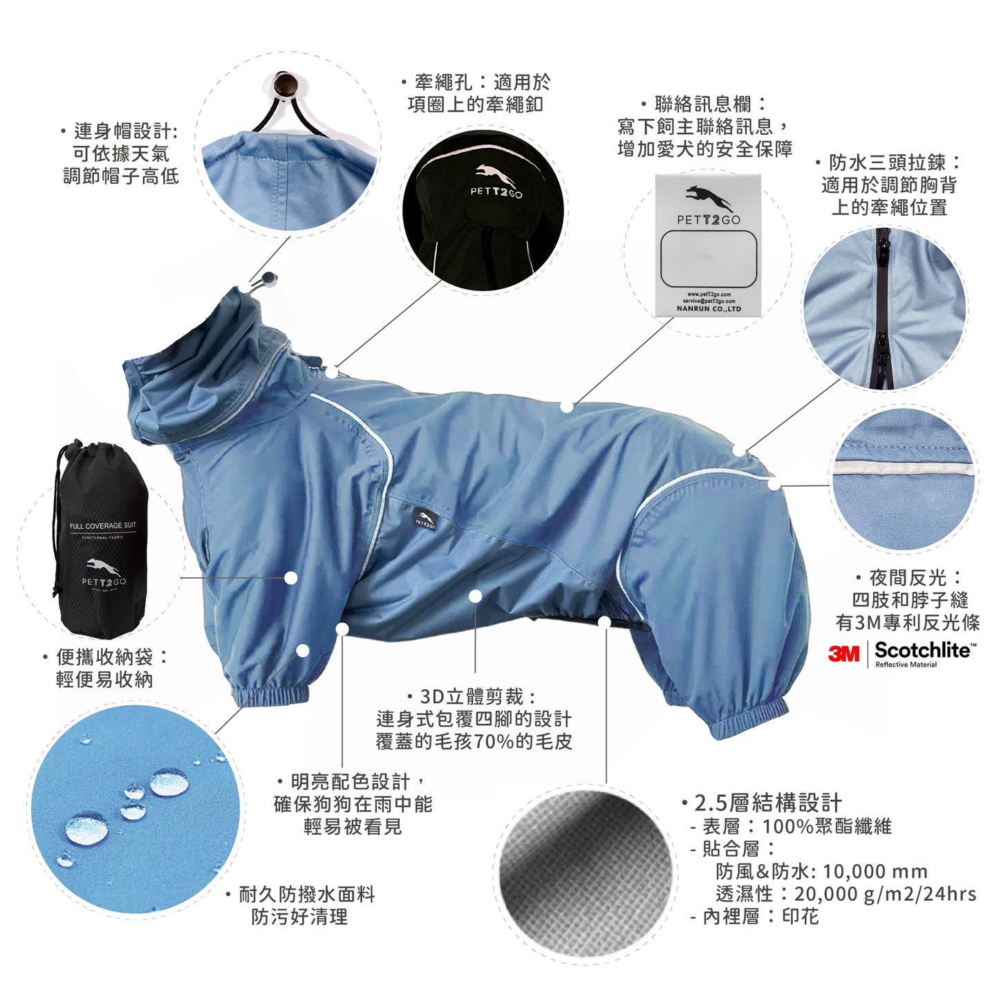 狗狗連身式透氣雨衣 -晨霧藍(台灣限定款)
