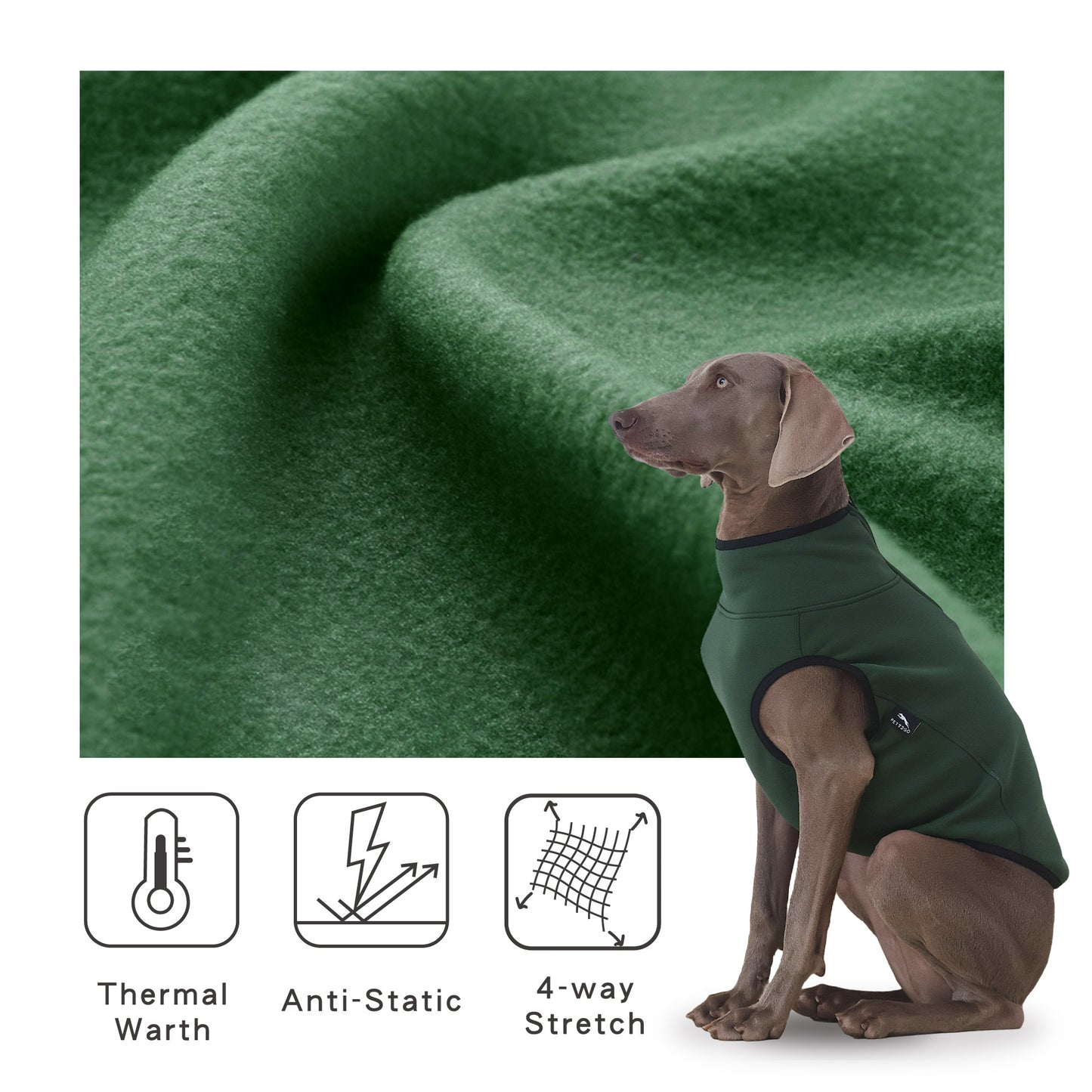 PETT2GO -close up fleece dog sweater fabric designed for breathable warmth during daily activity.Brushed Fleece Fabric traps heat, Breathable Thermal Dog Apparel for Active Warmth.