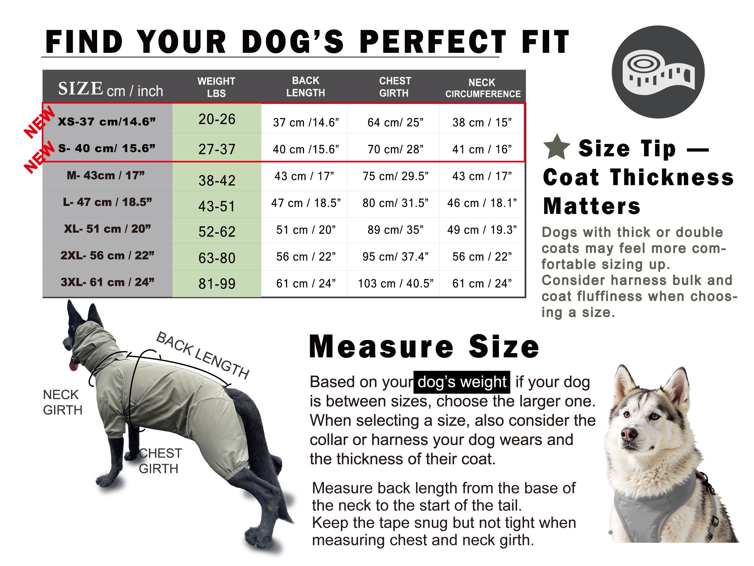 PETT2GO dog size chart with weight, ponds, and measurements in inches and cm for breeds of all sizes.