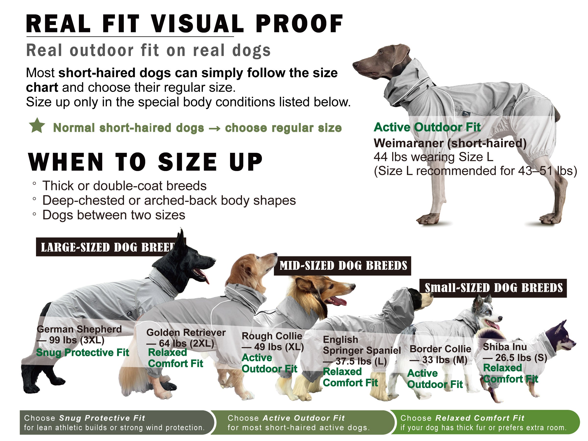 Specialized sizing advice for double-coated or long-haired breeds, recommending a size up for maximum comfort.