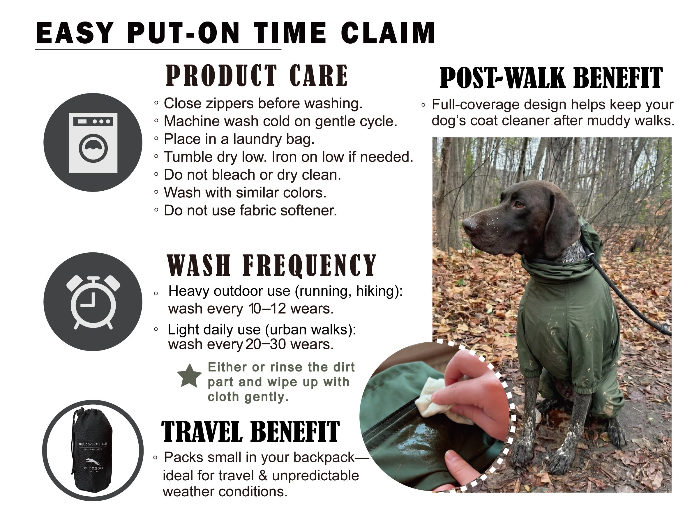 PETT2GO Product care instructions for a dog outdoor jacket with a photo of a dog wearing the coat in a Canada forest setting.
