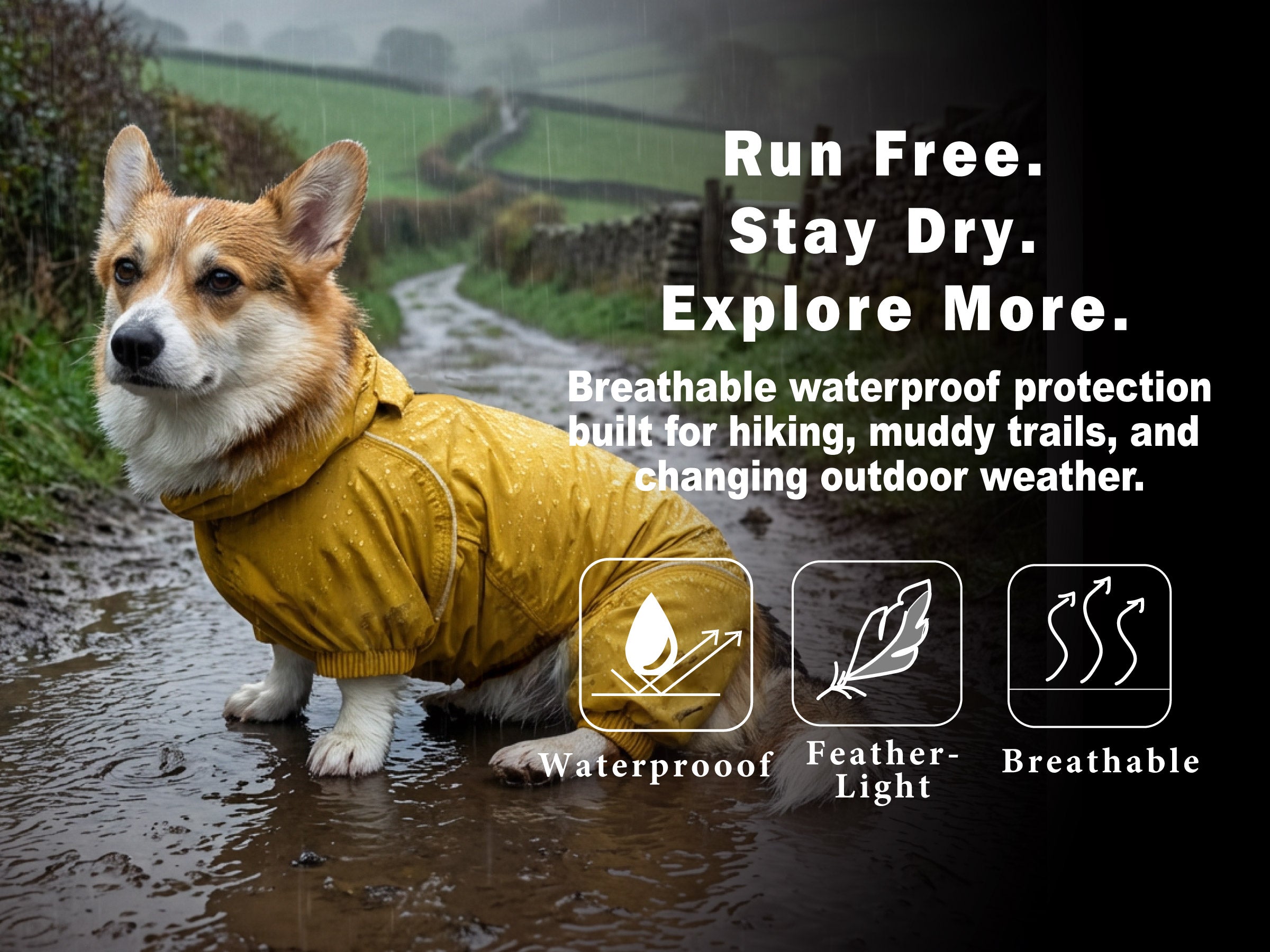 A corgi standing in a muddy puddle wearing a mustard yellow waterproof jacket, with outdoor scenery in the background and marketing text on the right that reads 'Run Free. Stay Dry.