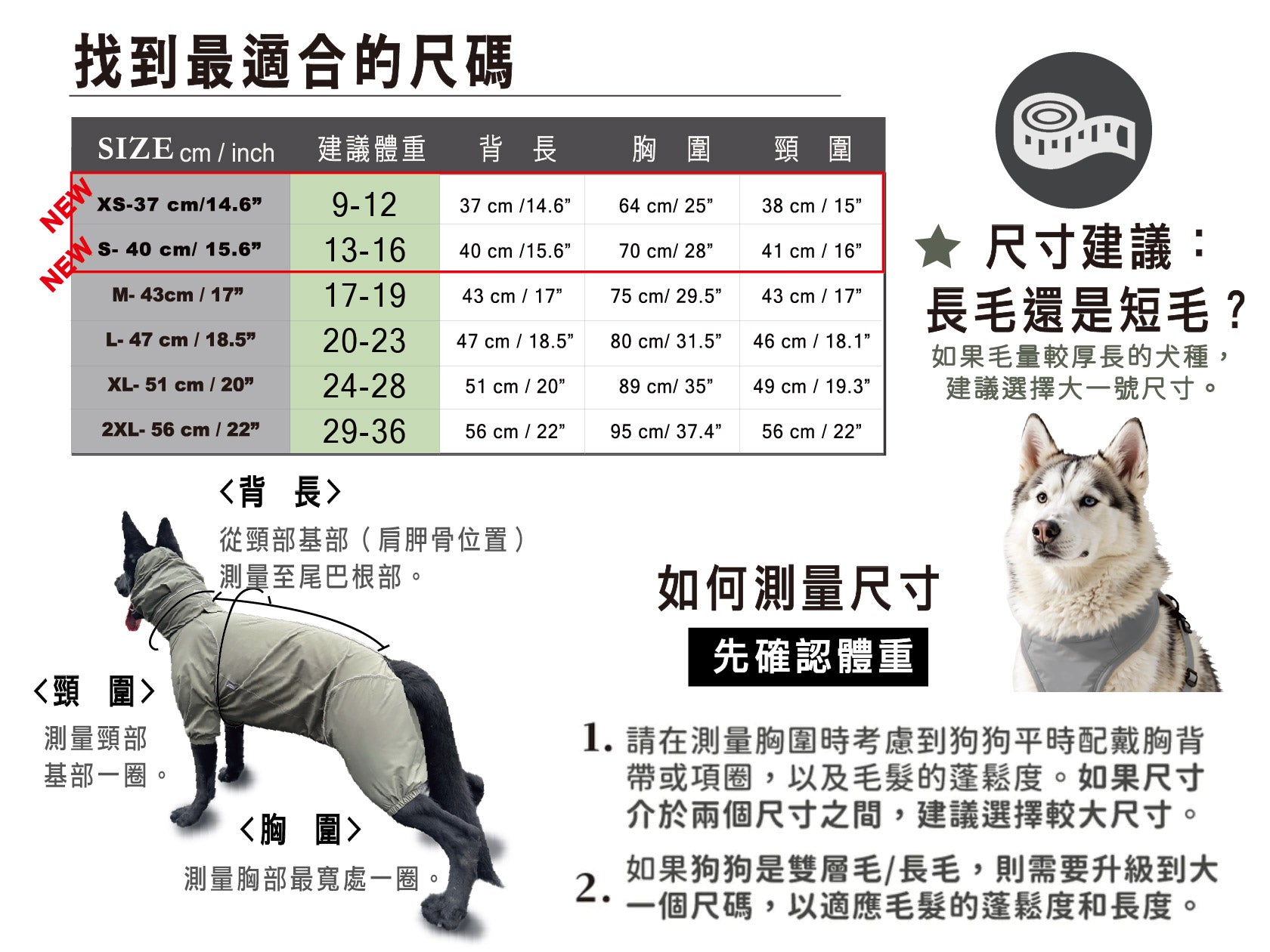 Dog coat size chart with measurements and illustrations of dogs wearing coats.