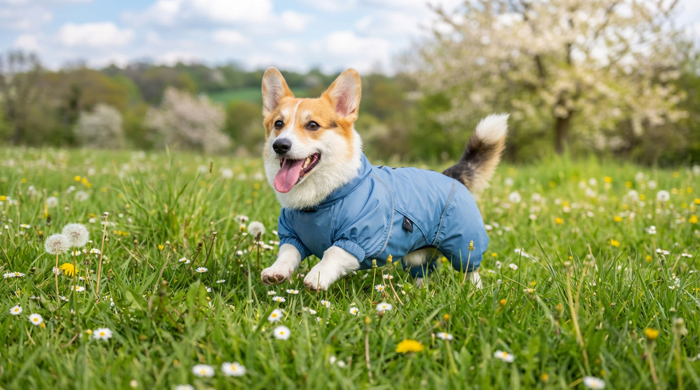 Dog in a blue coat running through a grassy field with flowers