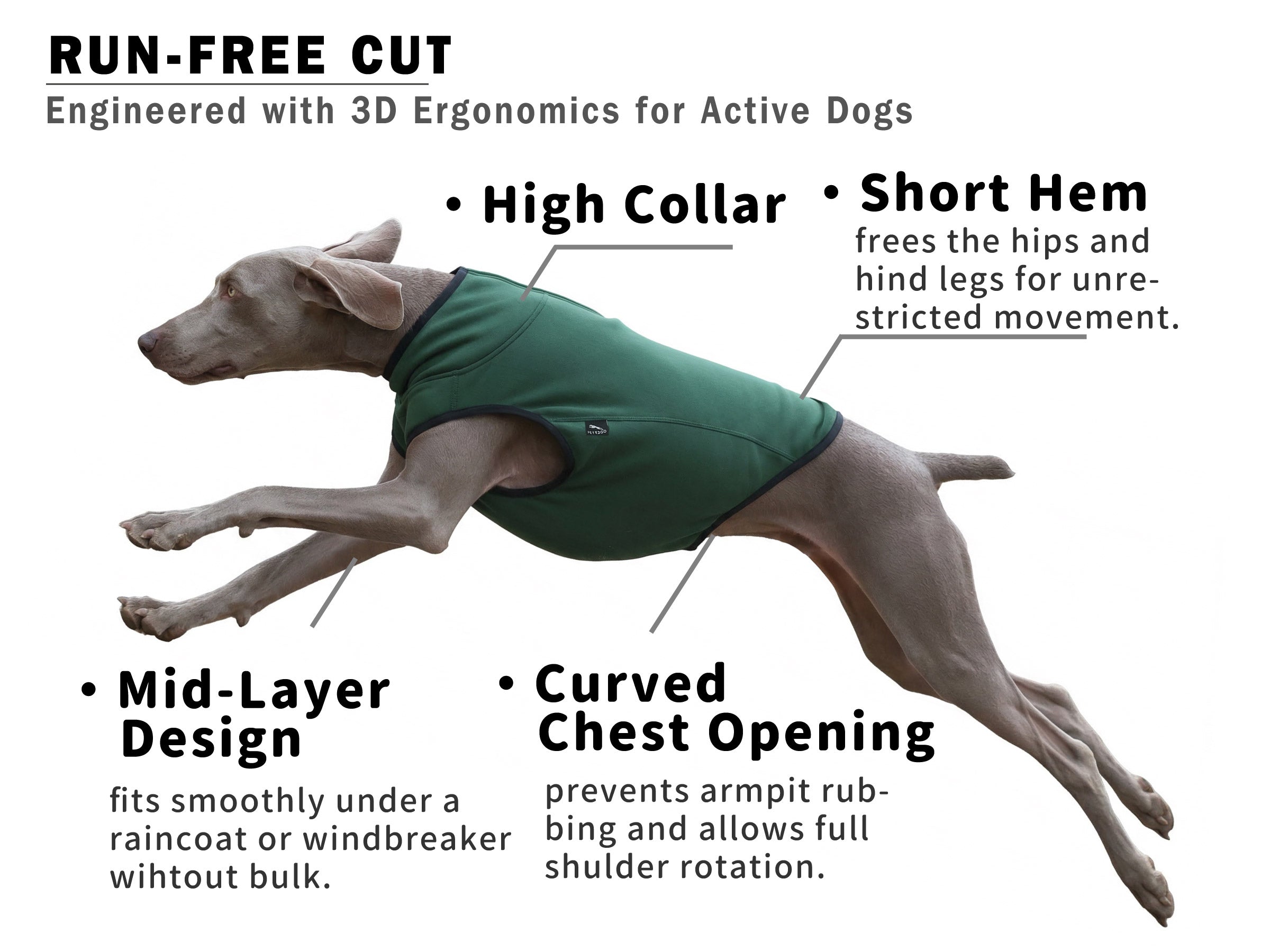 PETT2GO stretch fleece dog vest designed for active dogs running and moving freely. Gentle Flat Seams Dog Clothing, Prevents Chafing on Sensitive Skin & Short Hair.