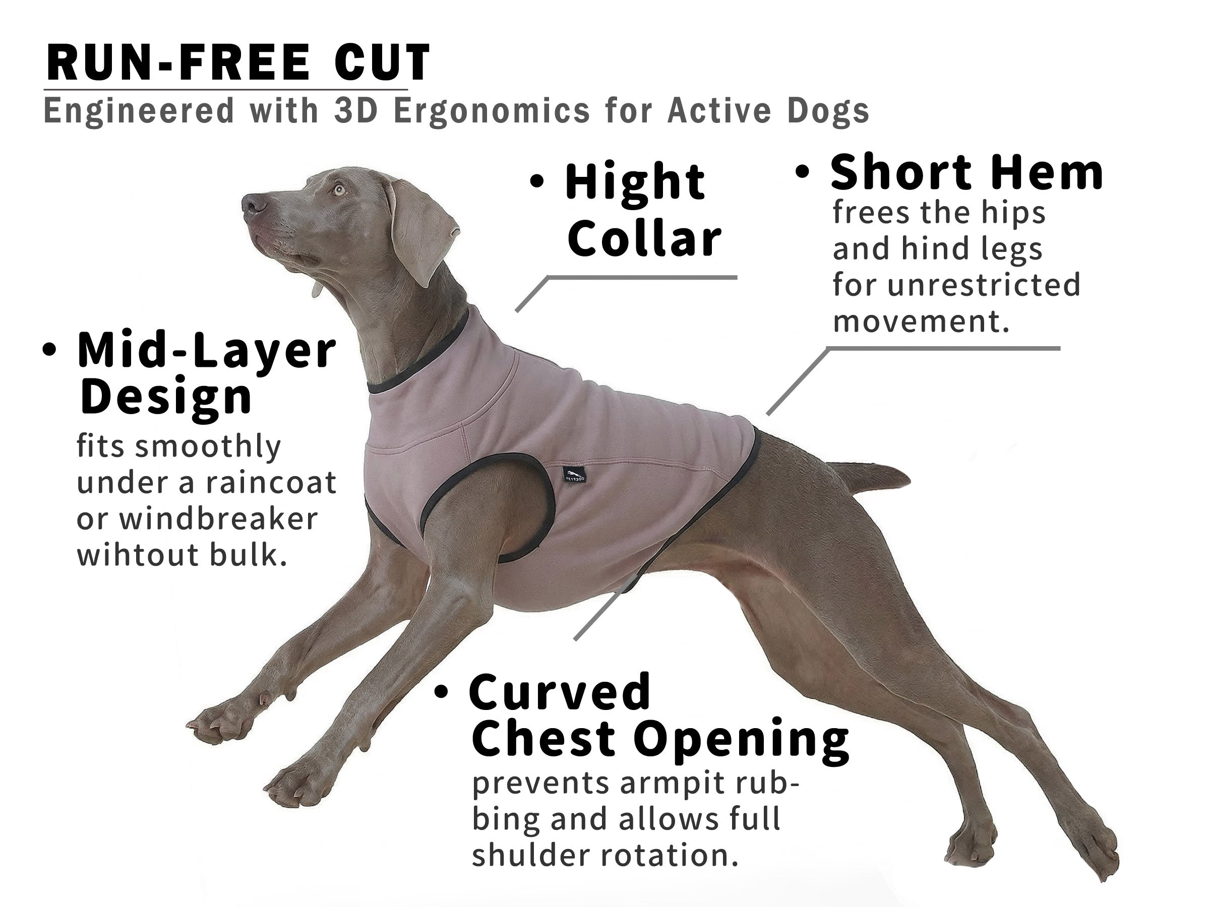 PETT2GO stretch fleece dog vest designed for active dogs running and moving freely. Gentle Flat Seams Dog Clothing, Prevents Chafing on Sensitive Skin & Short Hair.