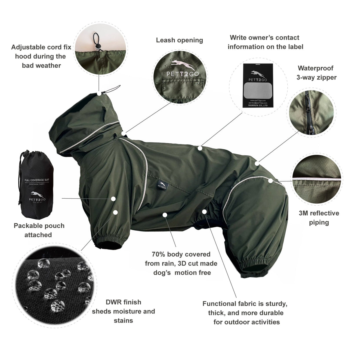 Dark olive full-coverage dog windbreaker with adjustable hood, waterproof zipper, reflective piping, and packable pouch