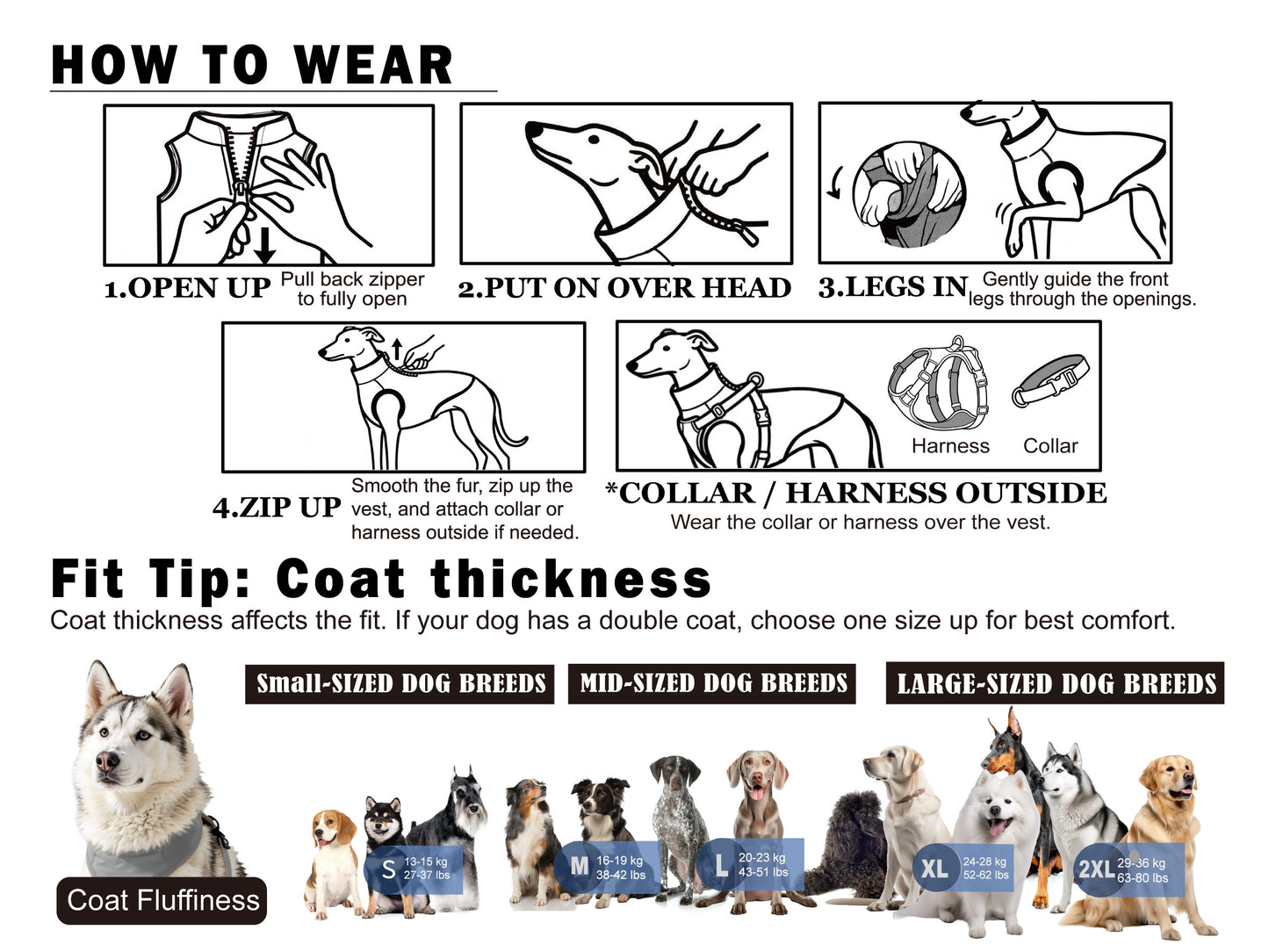 Easy Wear Dog Vest/ sweater, Durable YKK Back Zipper.Step by step guide showing how to put on a fleece dog vest for daily walks hiking and outdoor activities.