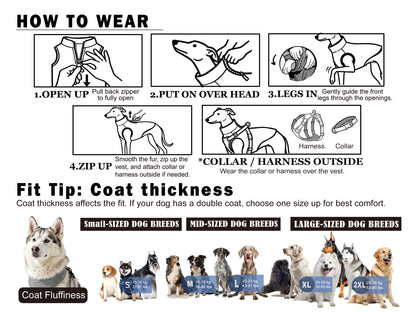 Easy Wear Dog Vest/ sweater, Durable YKK Back Zipper.Step by step guide showing how to put on a fleece dog vest for daily walks hiking and outdoor activities.