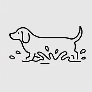 Black line drawing of a dog with water droplets on a light gray background