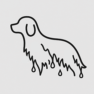 Black line drawing of a dog on a light gray background