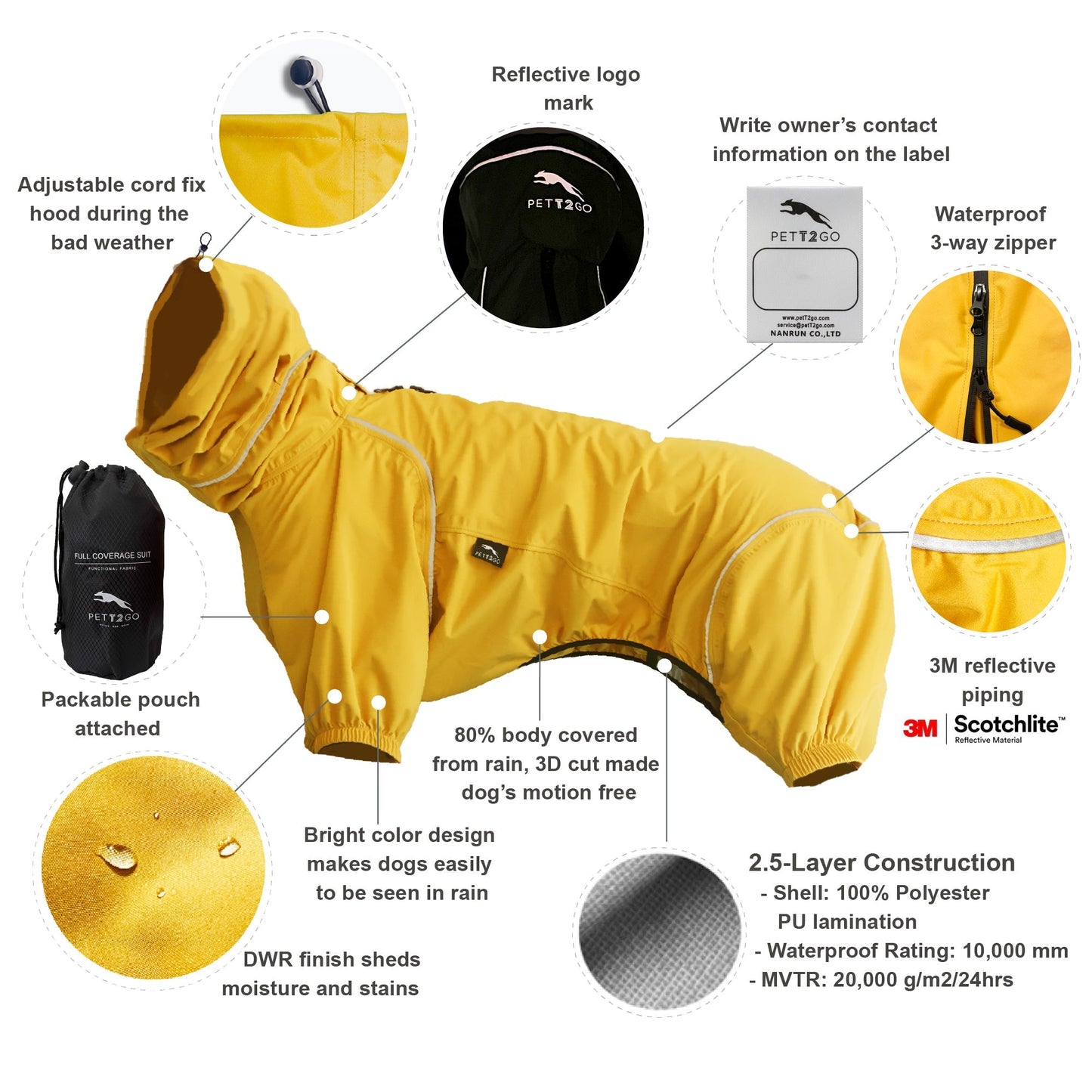 Dog Breathable Raincoat With Legs -Golden Dawn (USA) - PETT2GO