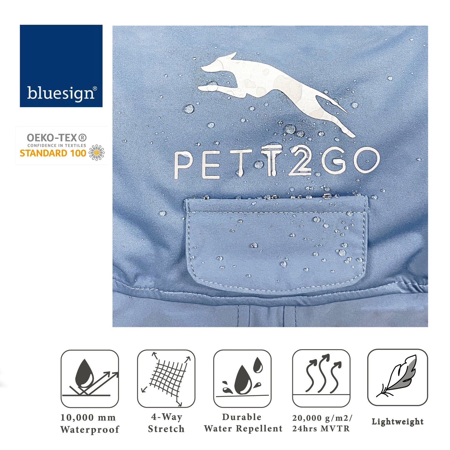 PETT2GO Silence of mist blue dog raincoat materials, safety certifications, and product details