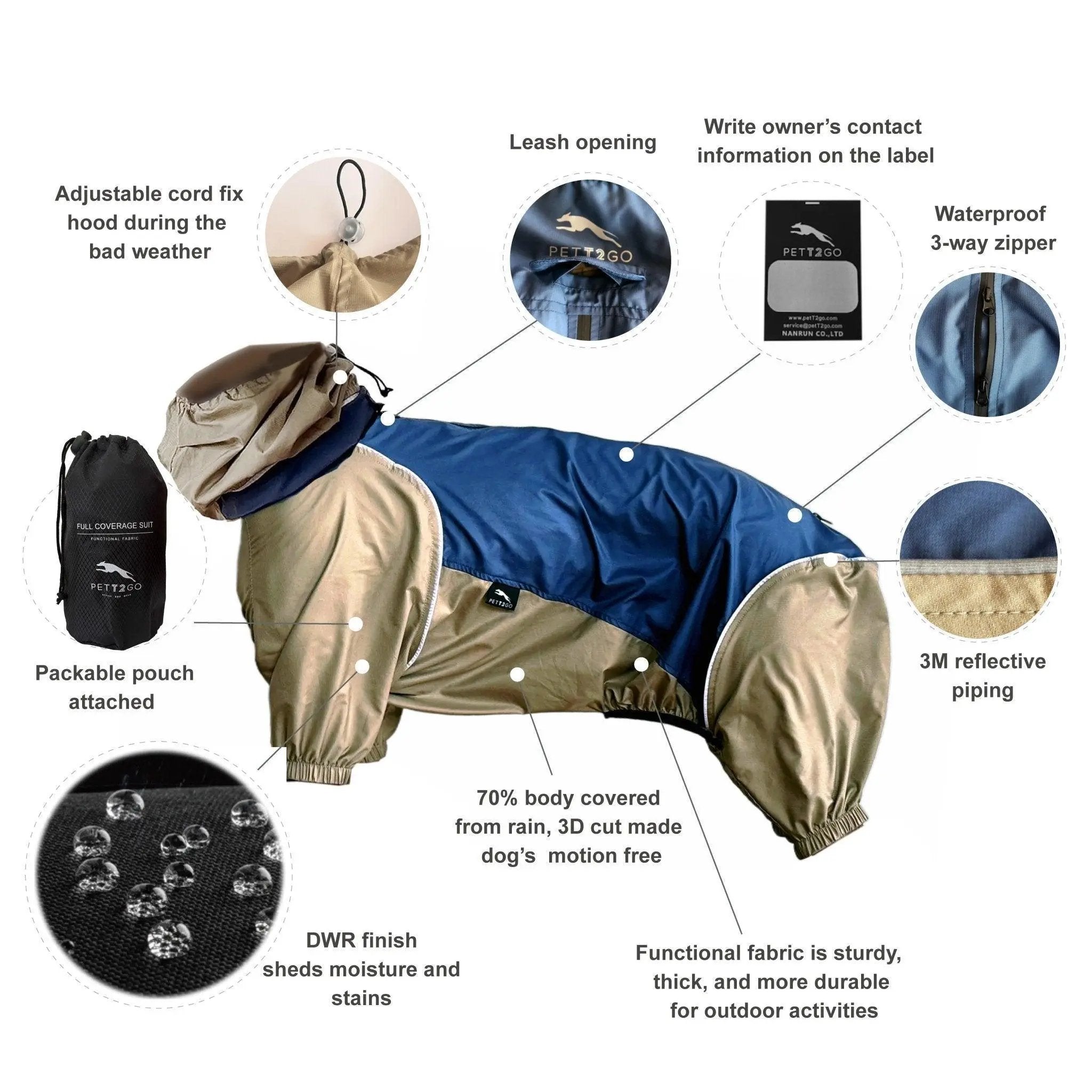 Navy full-coverage dog windbreaker with adjustable hood, waterproof zipper, reflective piping, and packable pouch