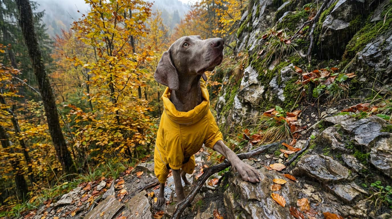 Weimerianer in a yellow raincoat standing on a rocky path in a forest with autumn foliage.
