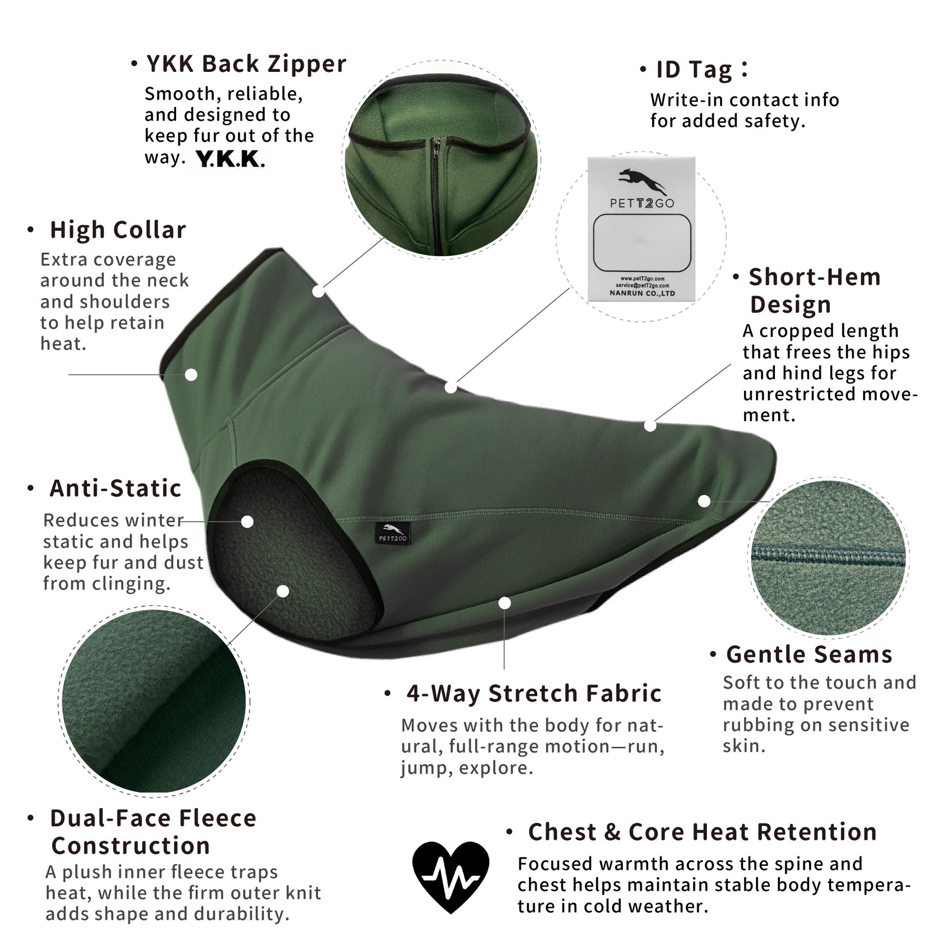 Motion Fleece Vest Lightweight Dog Fleece Vest - Forest Moss[USA] - PETT2GO