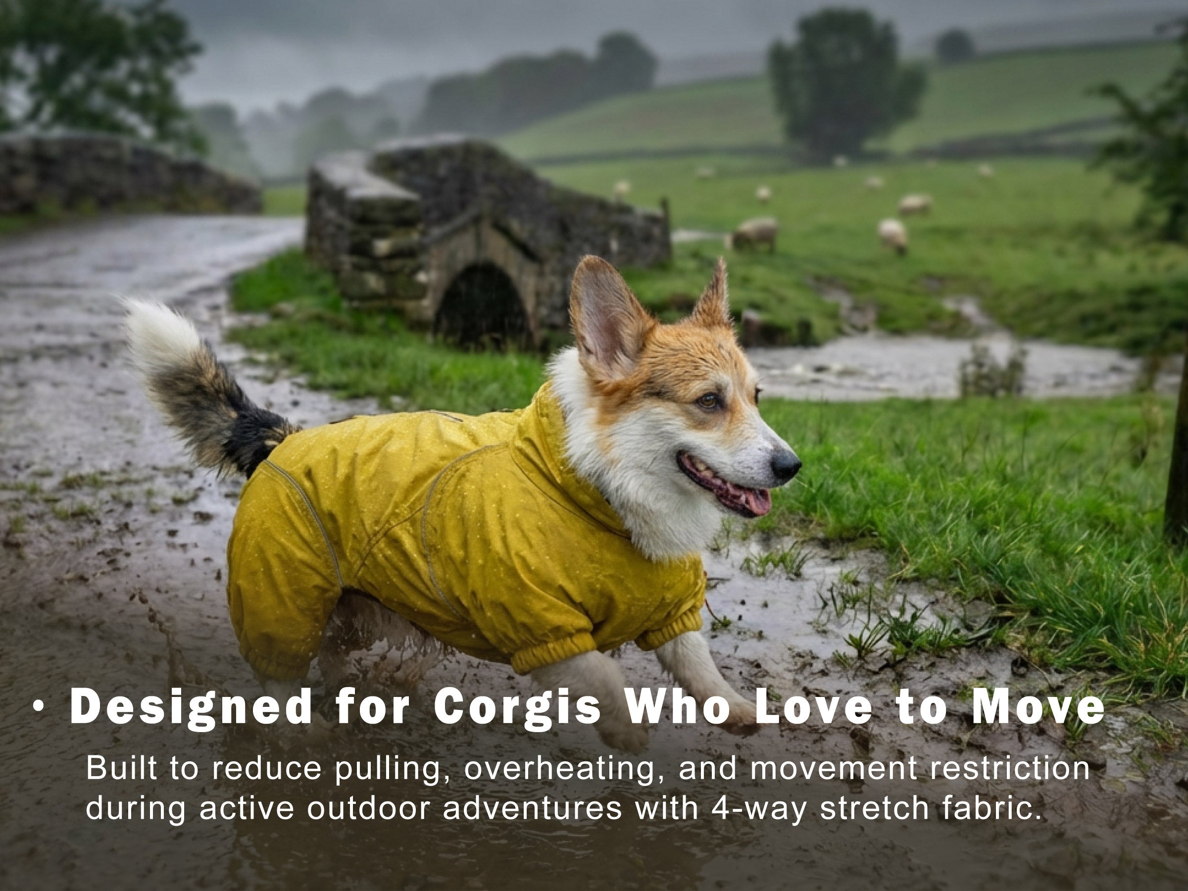 Waterproof stretch raincoat designed for active Corgis reduces pulling, overheating, and movement restriction during outdoor walks