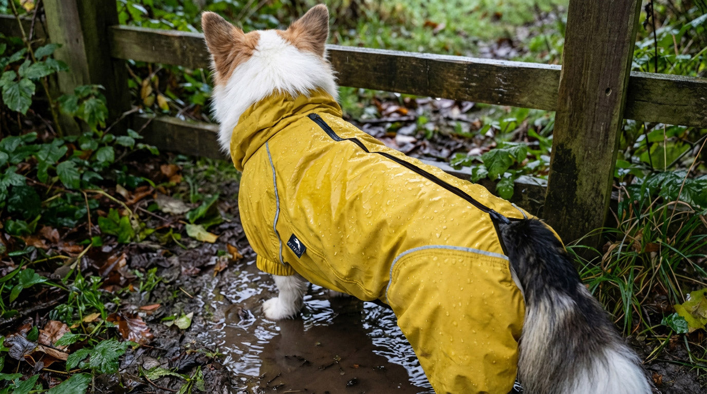 Full-coverage Corgi raincoat keeps belly dry on rainy walks and reduces mud cleanup after wet outdoor adventures