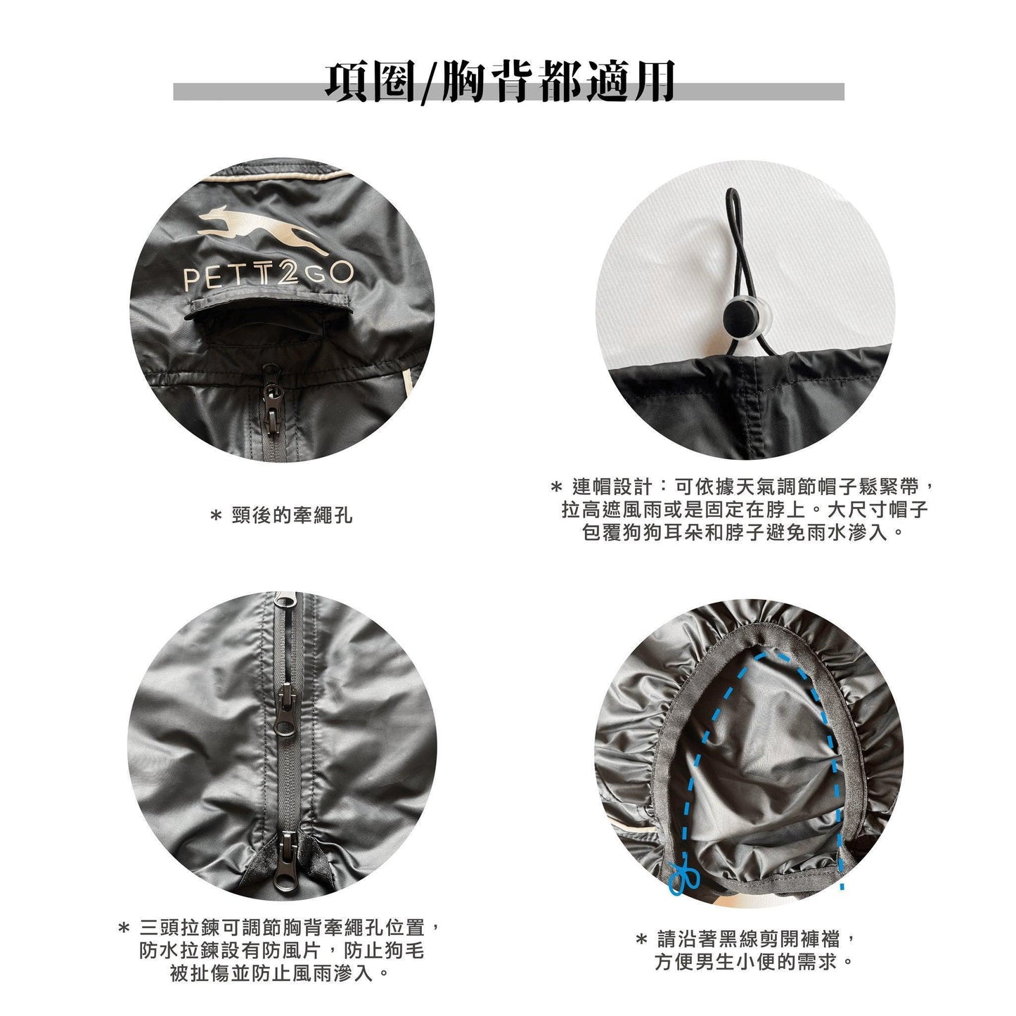 PETT2GO 狗狗極輕機能炭黑風衣 功能說明  [lang-zh]