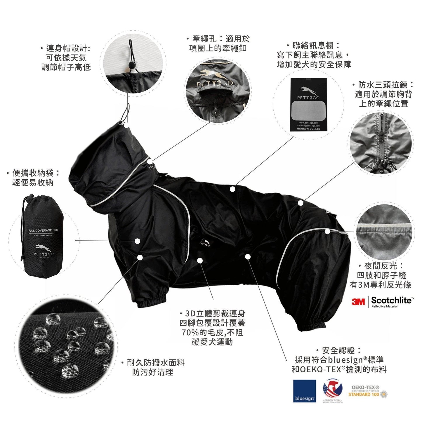 PETT2GO 狗狗極輕機能炭黑風衣 功能說明  [lang-zh]