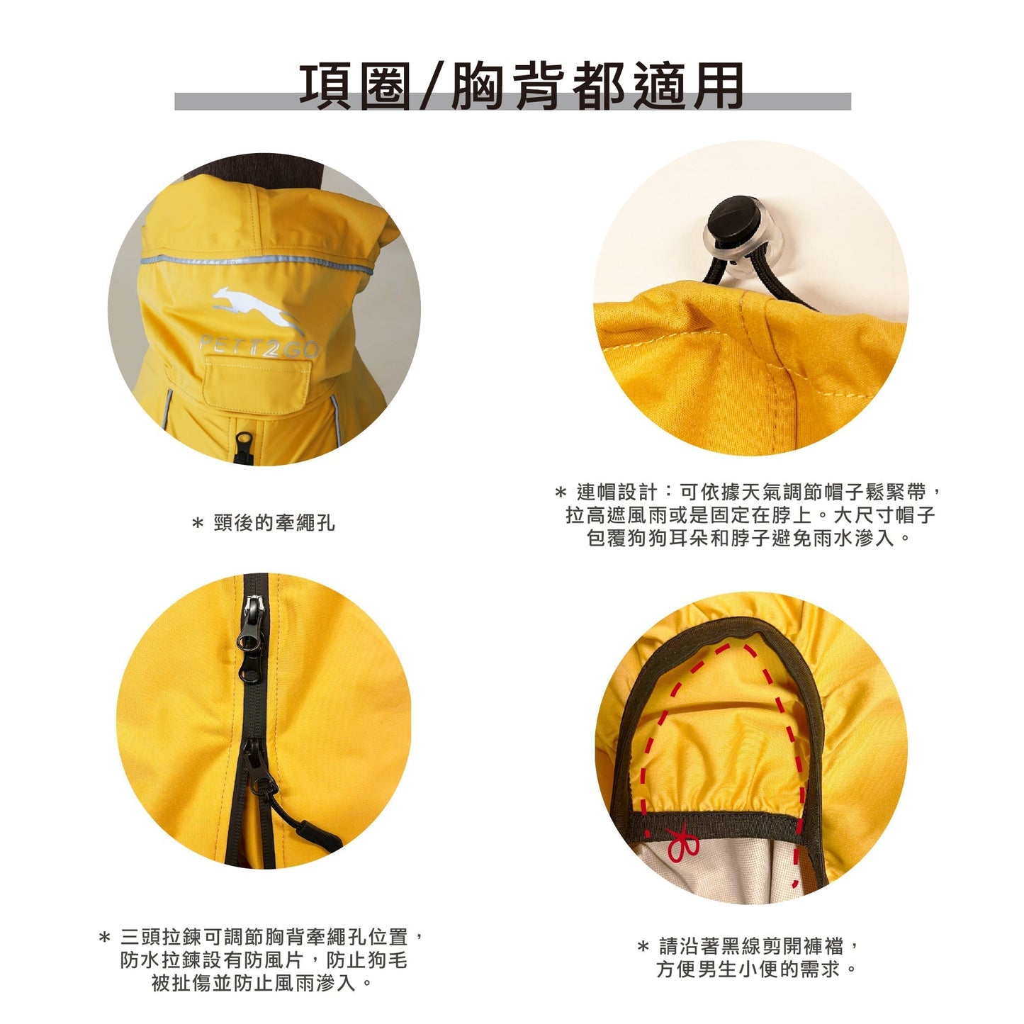 PETT2GO 狗狗透氣機能晨曦黃雨衣 功能說明 2 [lang-zh]